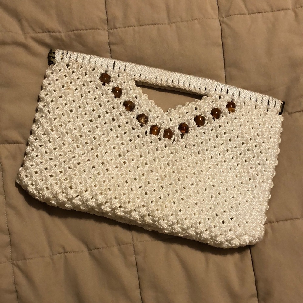 White knit pop up clutch with beads